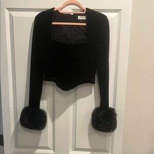House of CB Black Velvet Blouse with Fur Cuffs